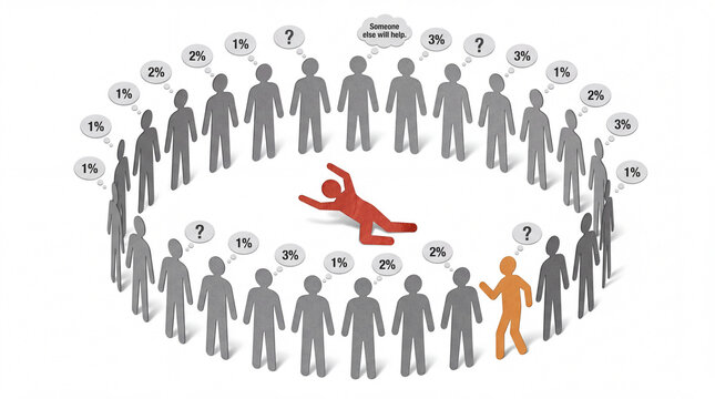 Circle of bystanders surrounding fallen person with thought bubbles showing diffusion of responsibility concept