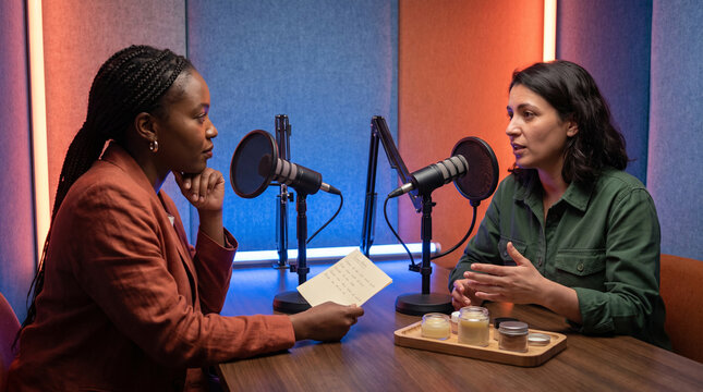 Radio host interviews a local entrepreneur in a colorful booth
