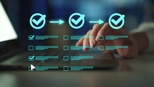 Project coordinator tracking a three step workflow progress on a digital virtual checklist interface. Concept of milestone evaluation, quality control approv