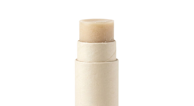 Natural lip balm stick in simple cardboard packaging against a white background