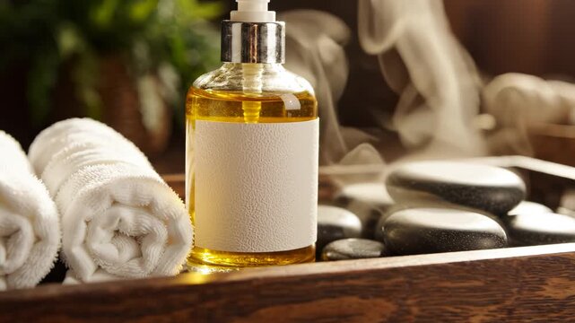 Spa setup with steaming hot stones, rolled towels, and amber massage oil bottle on wooden tray