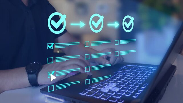 Project coordinator tracking a three step workflow progress on a digital virtual checklist interface. Concept of milestone evaluation, quality control approv