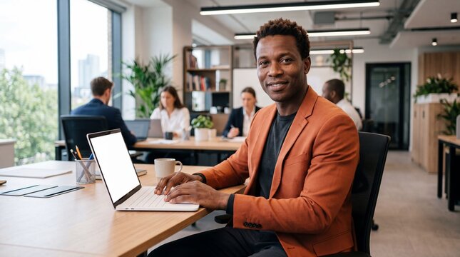African american businessman smiling at camera while typing on laptop in modern office with colleagues in background for corporate diversity and professional success