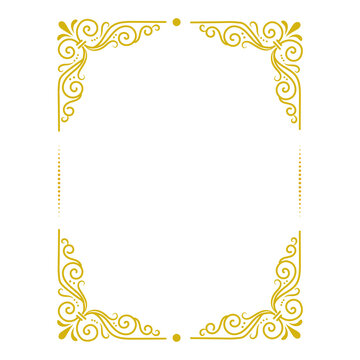 Elegant golden vintage ornamental frame with intricate floral swirls and decorative corners isolated on transparent background