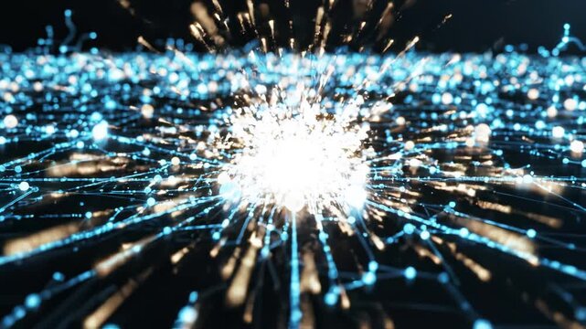 Dynamic Digital Network with Glowing Nodes and Light Particle Explosion in Futuristic Tech Background