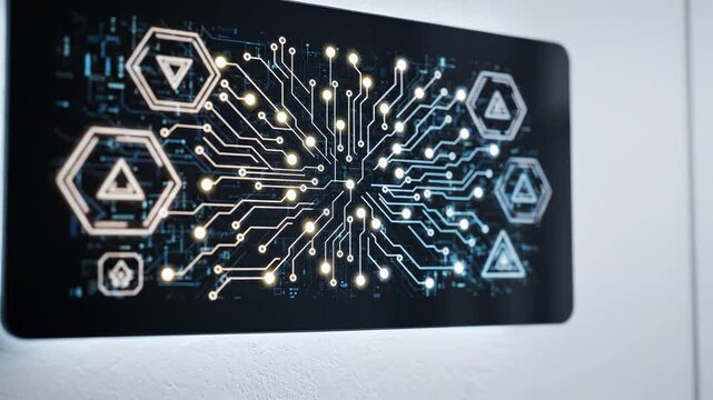 Futuristic Digital Circuit Interface with Glowing Nodes and Hexagonal Patterns on Wall-Mounted Screen
