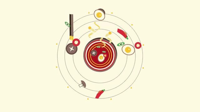Animated vector video featuring various cute and delicious foods in a spinning style.