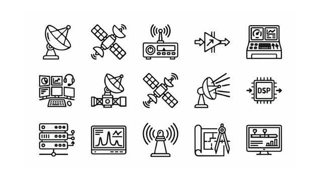 Telecommunication and satellite technology line icons, 15 radio engineering and signal processing vector symbols, wireless communication network set