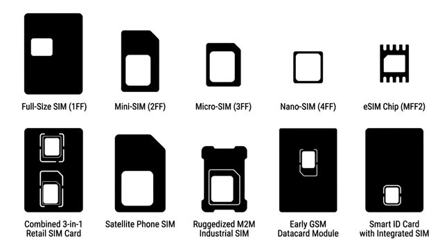 Evolution of SIM Cards Comparison Chart Set Featuring Different Sizes and Types of Mobile Cards