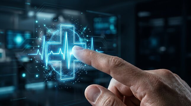 Medical cross with heartbeat line and digital network technology in modern healthcare concept.