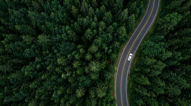 A single white car driving on a winding asphalt road through a dark green forest seen from a high aerial drone perspective view