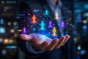 Fototapeta premium Businessman Holding Digital Human Network Icons. Recruitment, Human Resources Management, and Social Connection Concept. Future of Business Communication and Global Networking Technology.