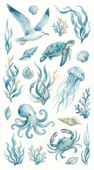 Obraz premium Watercolor sea animals collection with turtle octopus crab jellyfish and shells.