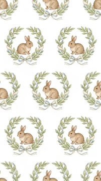 Watercolor rabbit pattern in green laurel wreaths.