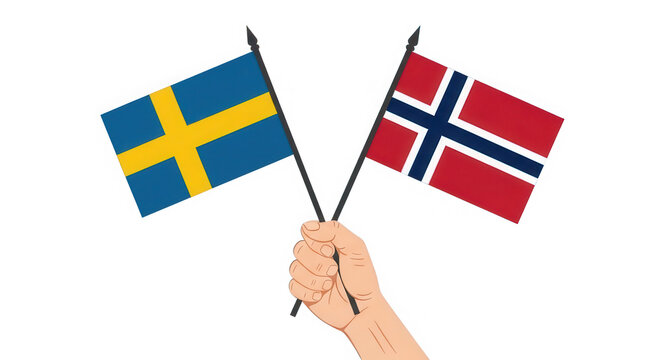 Hand holding small crossed flags of Sweden and Norway isolated on transparent background