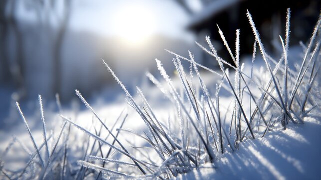 Close up of frosted grass blades with sunlight against a transparent backdrop