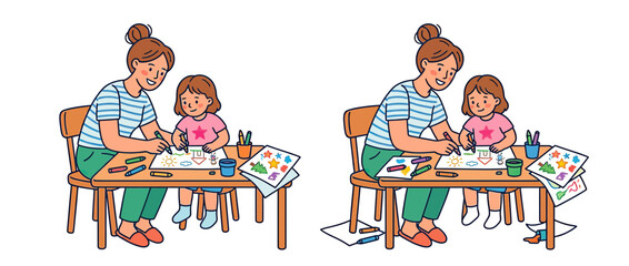 Mother and child drawing together at a table, isolated
