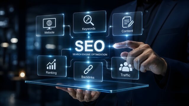 Businessman using a digital interface to manage seo search engine optimization strategies for business growth and marketing success