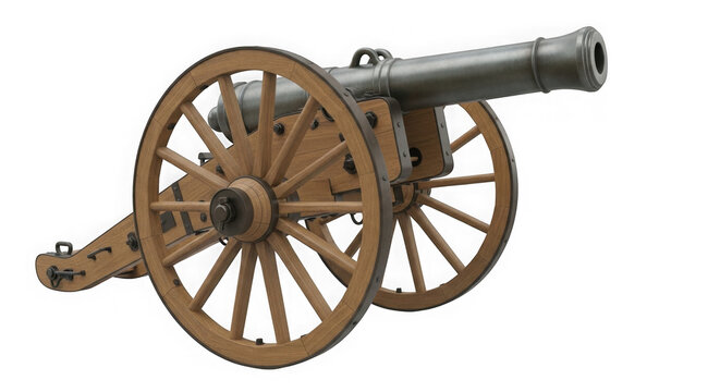 Old vintage metal cannon with wooden wheels from the historical war era isolated on transparent background