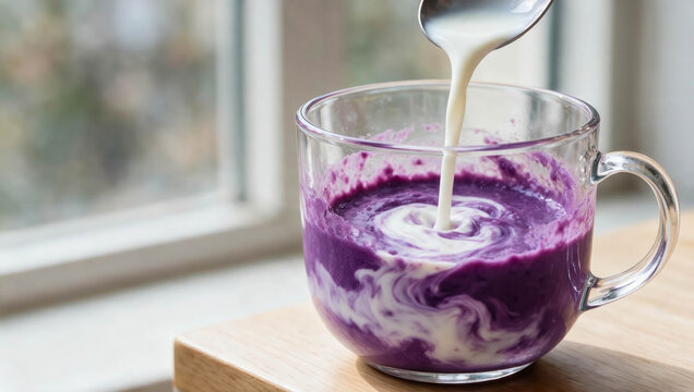 Close-up of cream swirling into a vibrant purple ube latte in a clear glass mug by a bright window, creating a smooth marbled pattern.
