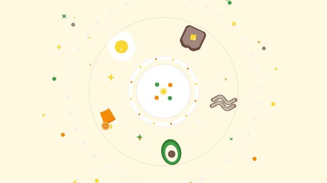 Animated vector video featuring various types of cute and delicious food in a spinning style.