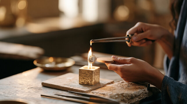 Silversmith's hands hold a half-finished pendant over a candle flame in a dimly lit workshop, close-up detail of silver tongs gripping molten drop above a clay mold, Thanksgiving