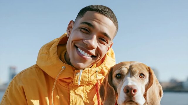 Closeup portrait of man with dog in yellow jacket outdoors for pet portrait and companion relationship banner