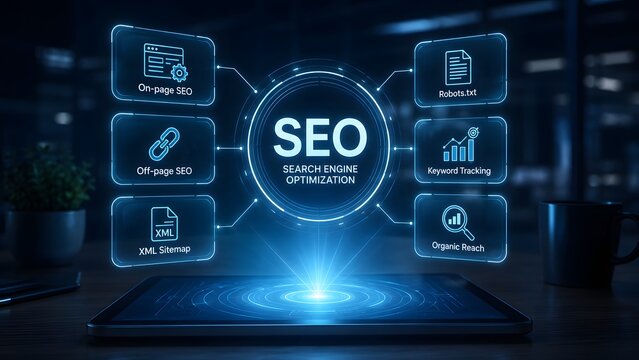Digital marketing concept with a futuristic interface showing seo search engine optimization strategy and online business growth