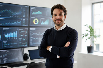 Fototapeta premium A man in a navy sweater stands confidently in front of multiple computer monitors displaying data charts in an office setting.