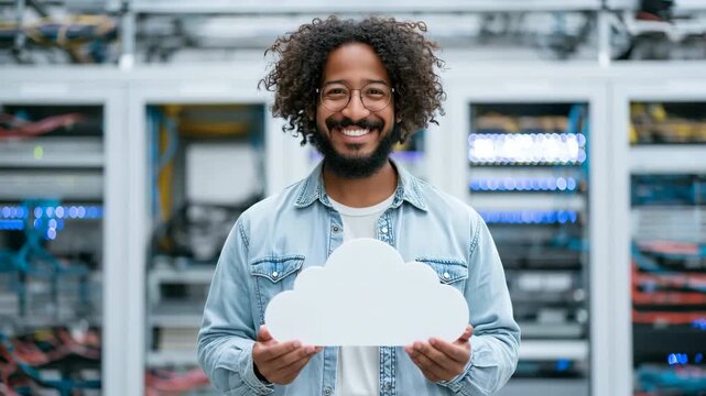 It engineer holding a cloud icon in a server room background for cloud computing banner and technology poster design