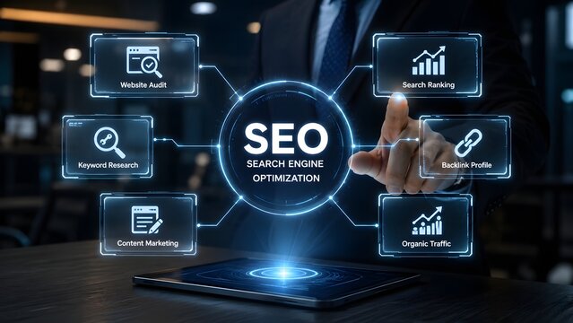 Digital marketing concept showing seo search engine optimization strategies with glowing icons on a futuristic dark background