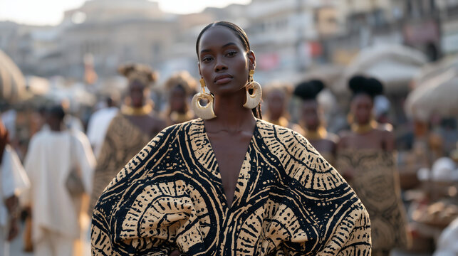 Malian mud cloth model wearing a finished bogolan garment stands confidently in a busy urban street market among pedestrians and vendors, a group of fellow models behind her in
