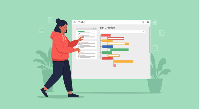 Woman planning project timeline on digital kanban board with colorful tasks