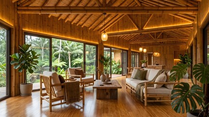 Fototapeta premium Modern Bamboo Villa Living Room with Wooden Furniture and Sliding Glass Doors to Garden
