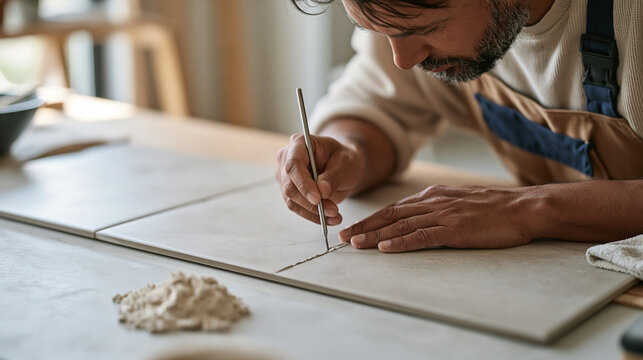 Tiler examining a single cracked grout line with a dental pick tool in a minimalist studio, the isolated floor tile section lit clinically to show texture and repair technique, a