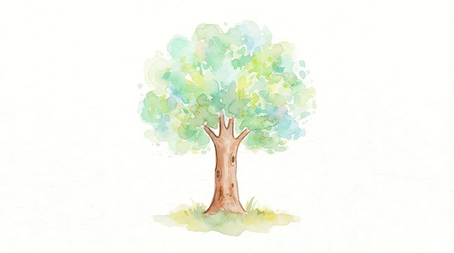 Simple green tree with colorful leaves standing on grassy ground