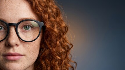 Obraz premium Detailed close-up of a woman with curly red hair and glasses, set against a soft gradient background.
