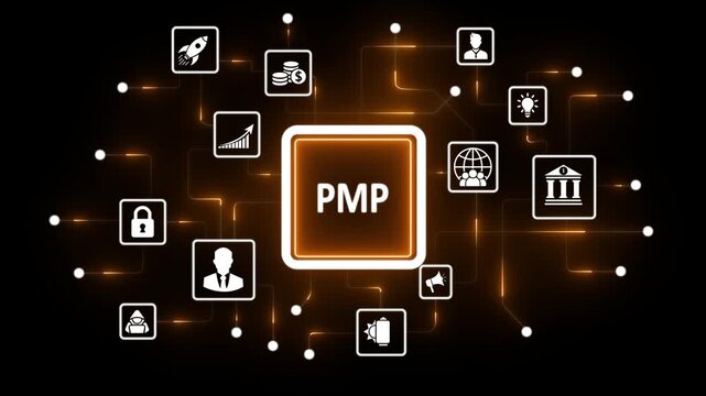 PMP acronym surrounded by business and finance icons on a dark network background project management