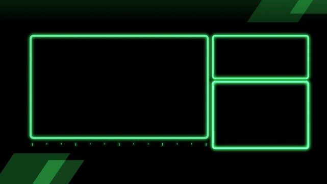 Green Neon Stream Overlay Three Zone Webcam Frame Twitch Gaming Transparent Background Alpha Seamless Loop