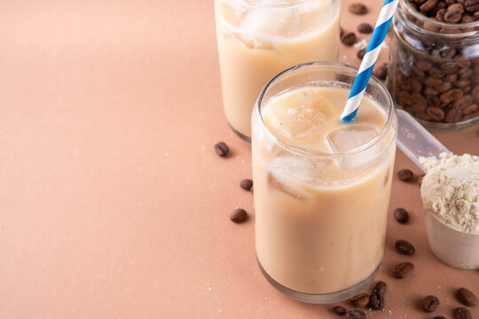 Iced protein coffee, whey isolate latte drink with whey protein powder