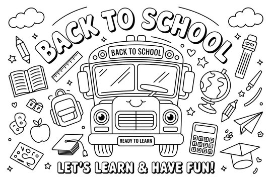 Coloring page back to school bus with learning supplies and fun elements