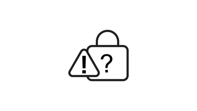 Outline icon of closed padlock paired with warning alert triangle and question mark sign