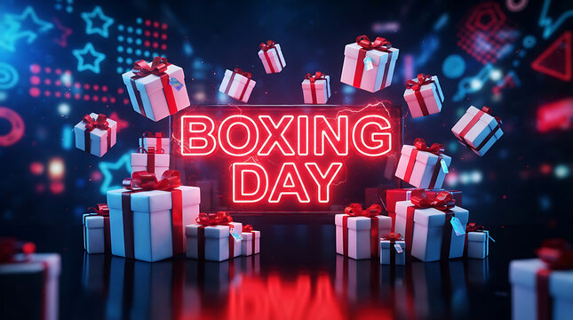 Neon boxing day sign glowing above stacked gift boxes with vibrant red bows with against dark background