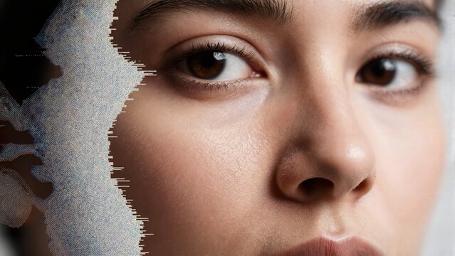 Human face with digital data glitch texture