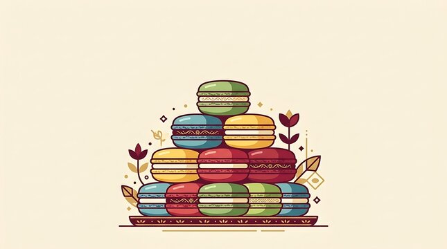 Stack of colorful french macarons on a decorative tray