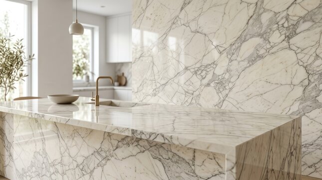 Bright modern kitchen with marble countertop and sink