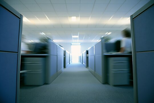 Dynamic motion blur view of a modern corporate office hallway with cubicles for busy workplace concept