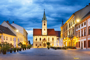 Naklejka premium Varazdin, Croatia in King Tomislav Square at blue hour.
