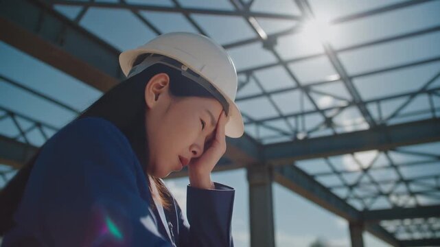 現場監督・建設作業員が頭を抱えてうつむく後ろ姿（ストレス・疲労・熱中症）