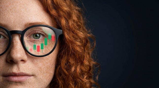 Close-up of a woman's face with stock charts reflected in her glasses, suggesting focus and insight.